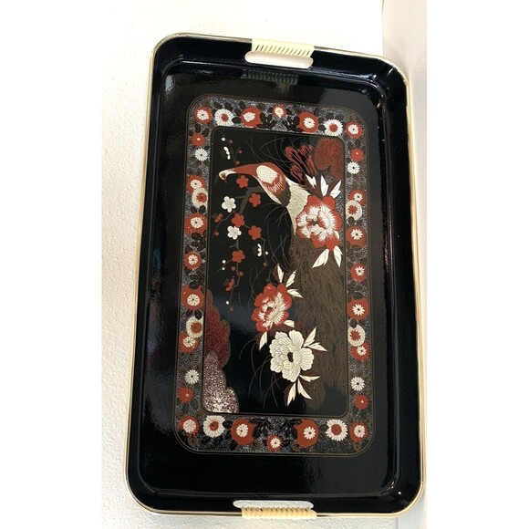 Vintage Japanese Peacock Lacquerware Tray Black & Gold Floral Large 19” x 11” - Picture 4 of 8